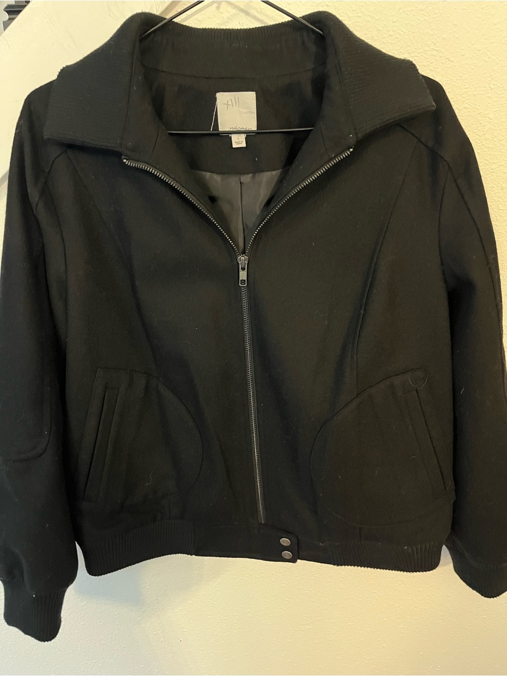 Halogen wool Black Bomber Jacket with Zip Front